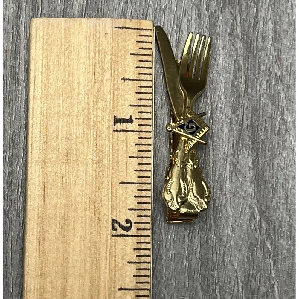 Masonic Square & Compass Tie Clasp Clip Gold Tone Fork Knife Dinner Theme‎ Men's